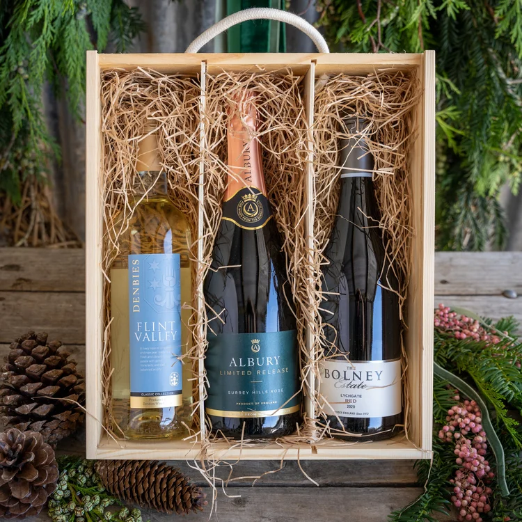 Brilliant British Wine Hamper.  A fine selection of 3 of of our most popular British wines, gift wrapped and ready for the glass!