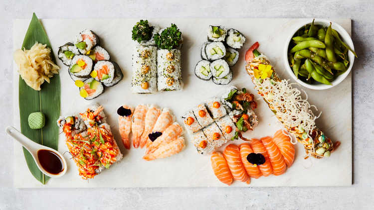 A platter of delightful sushi from little fish..