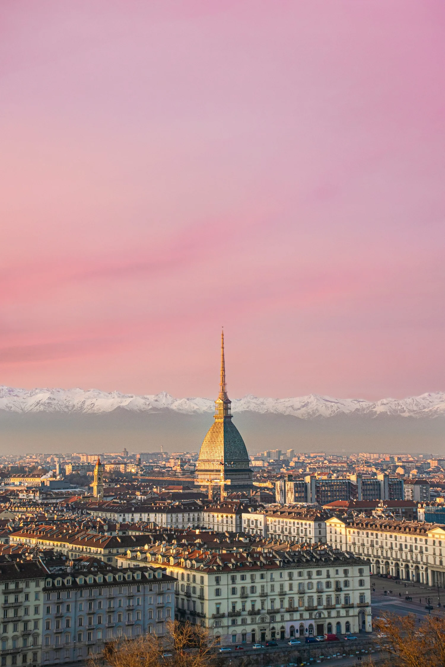 The Mole Antonelliana rising over Turin at dusk, the Alps behind