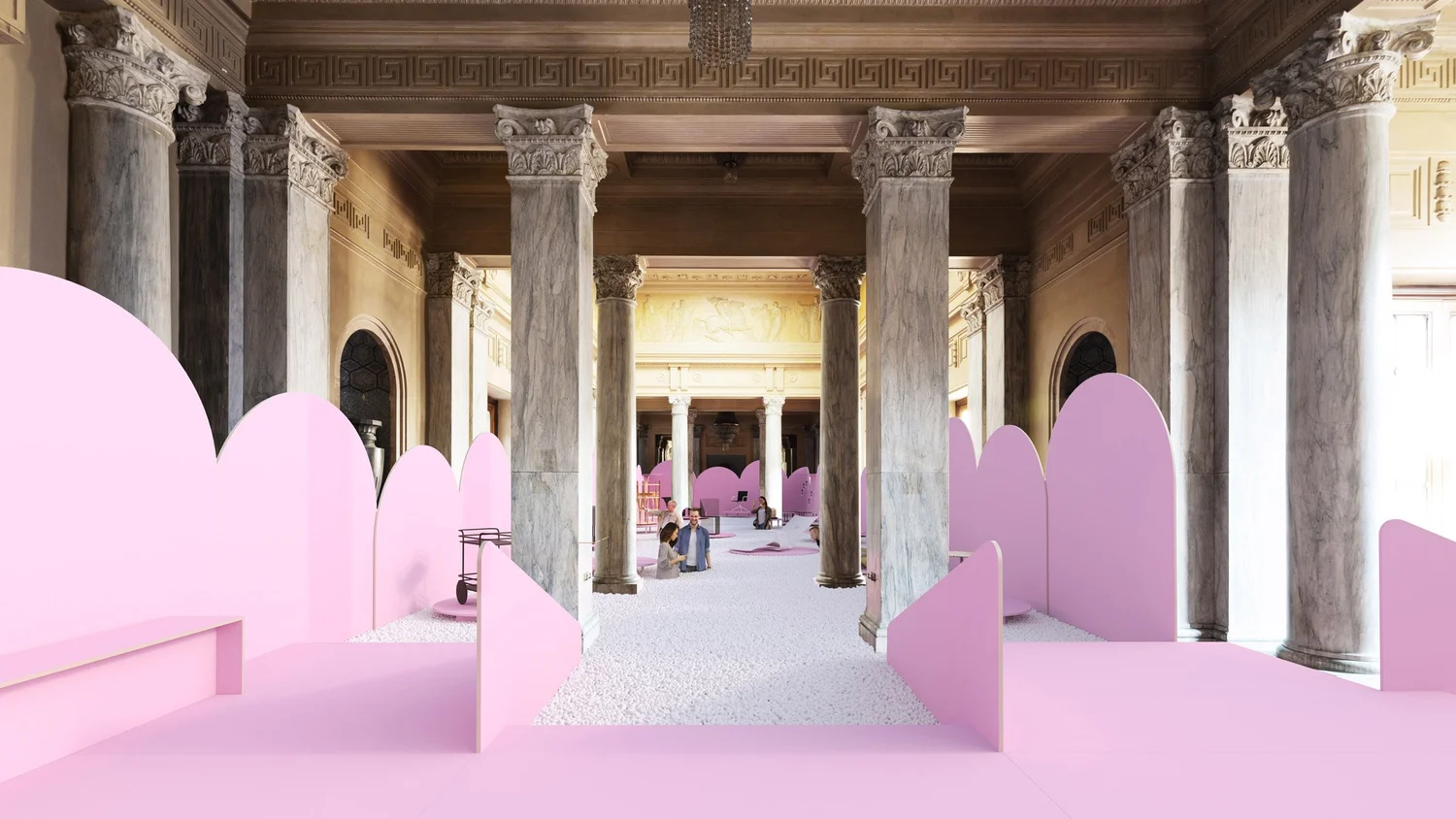 Pink installation winding through a marble-columned hall in Milan