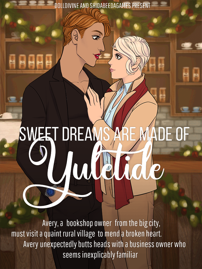 DollDivine holiday poster with characters that look like Crowley and Aziraphale at Christmas