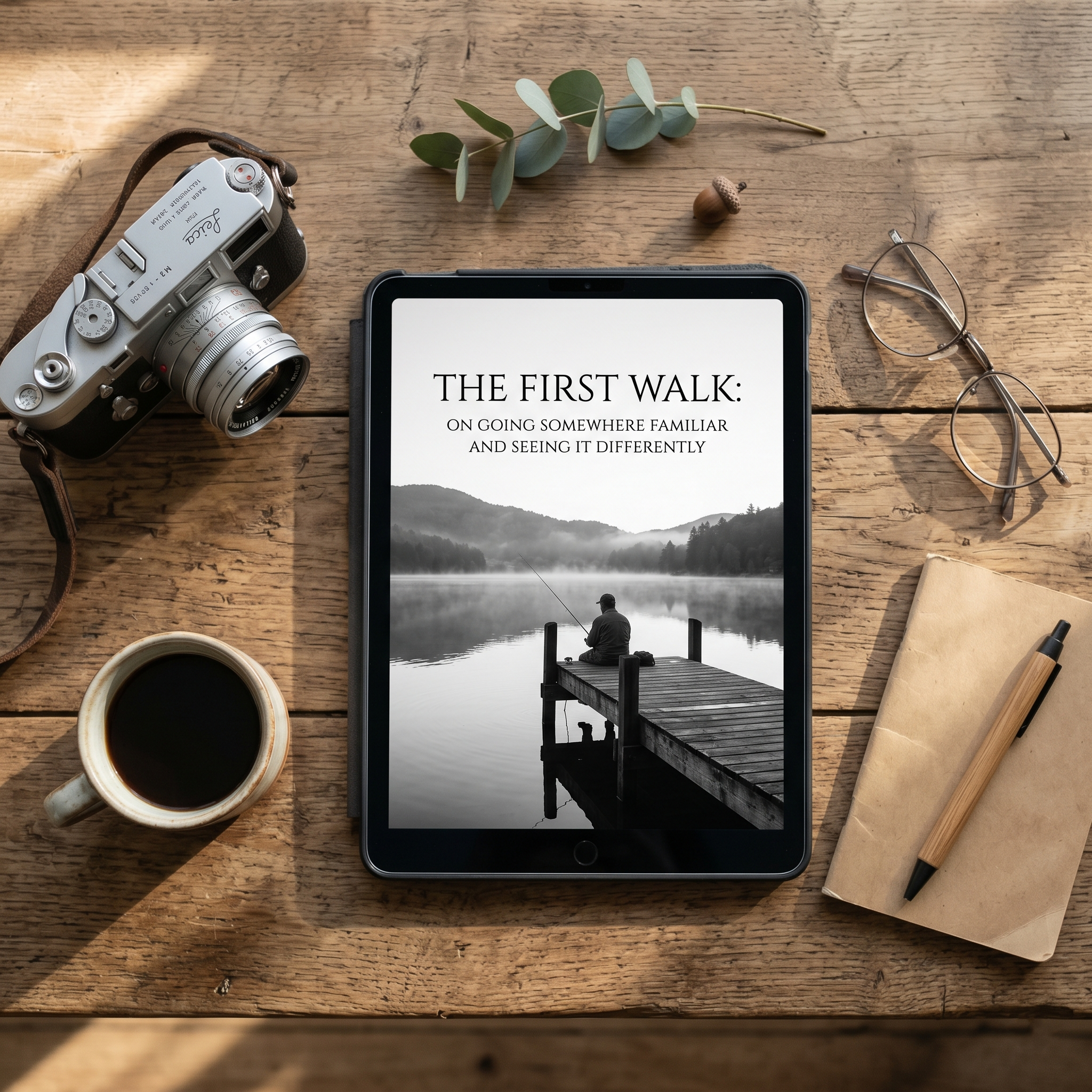 A fisherman sits on a dock over still water — the kind of scene you walk past and almost miss.
