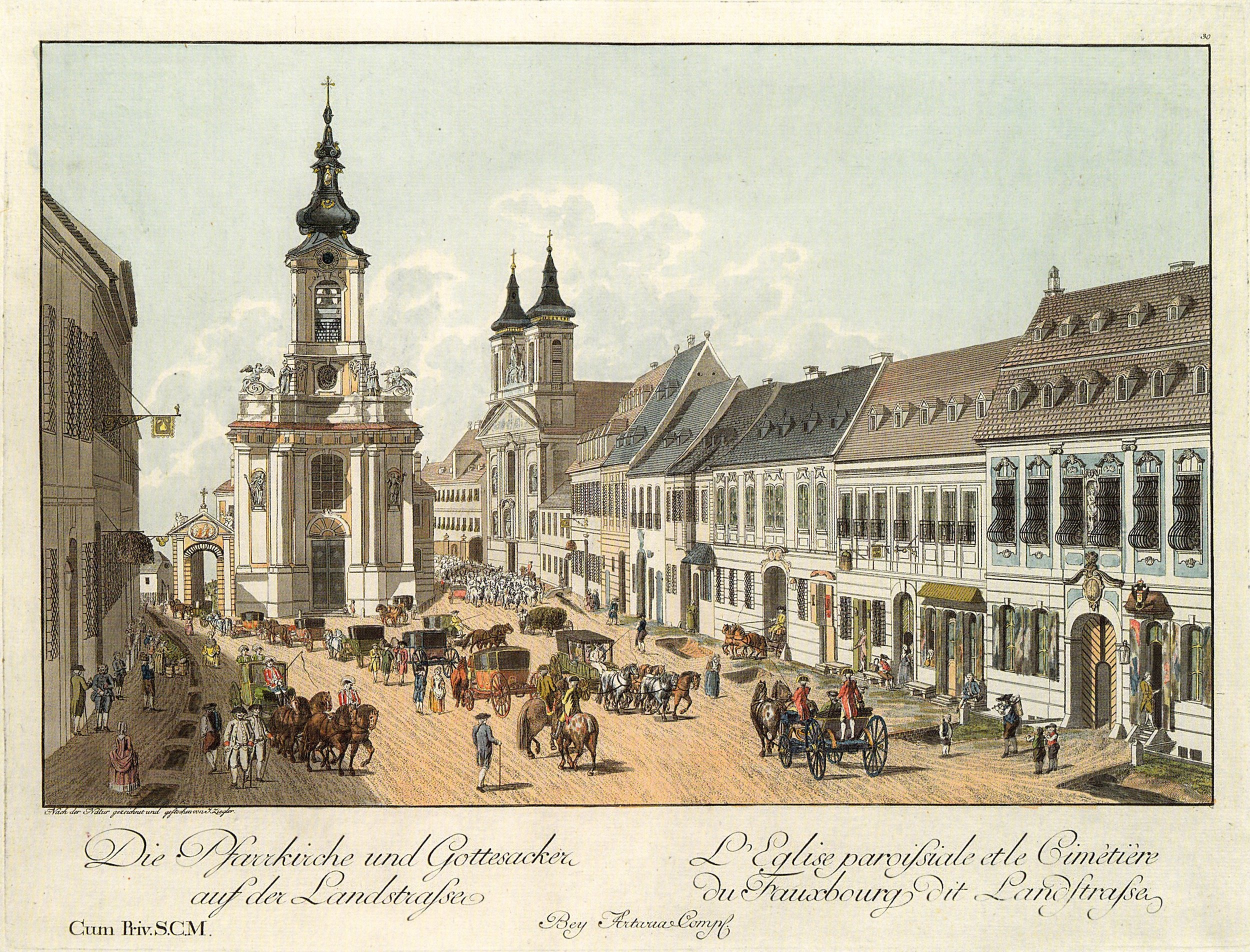 Die Pfarrkirche und Gottesacker auf der Landstrasse by Johann Andreas Ziegler