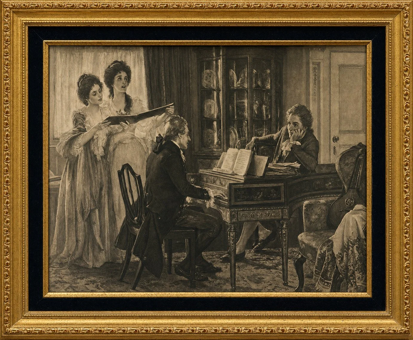 Domestic Music Lesson (framed print) by Artist unknown
