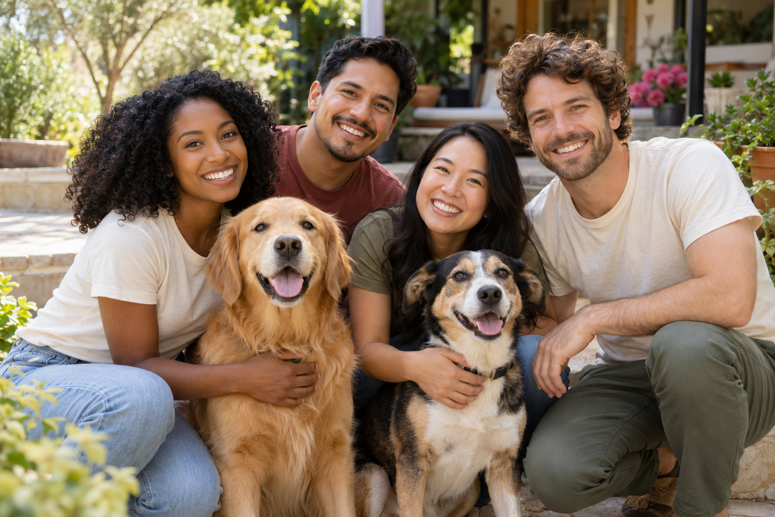 A diverse group of smiling pet caregivers with two happy dogs, illustrative image
