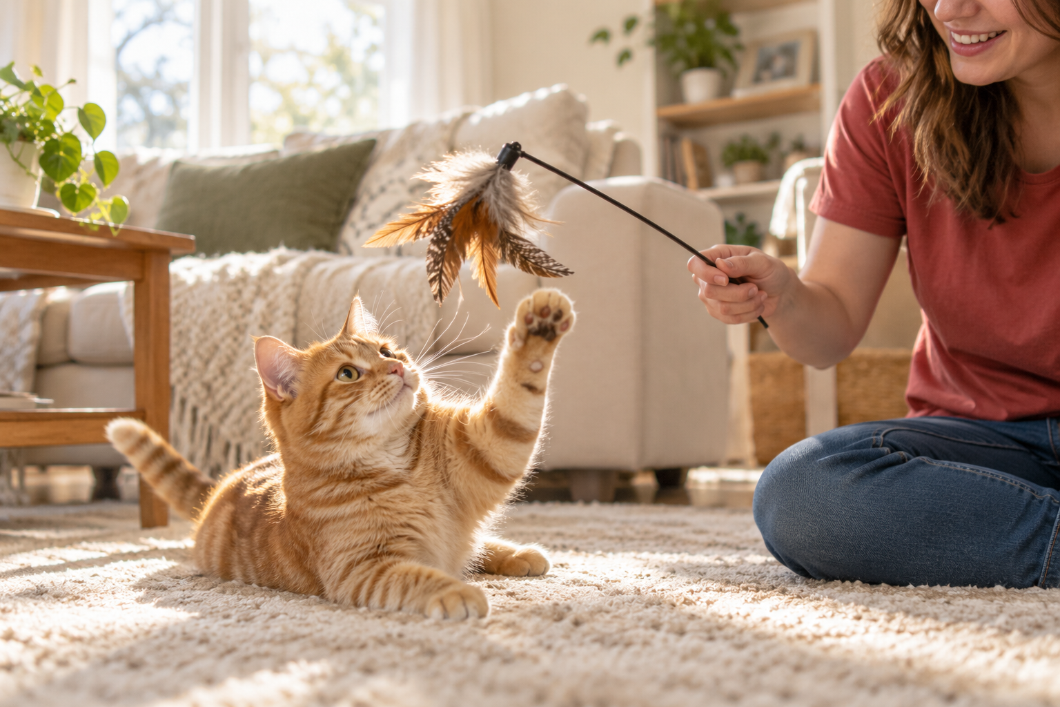 A cat enjoying playtime with a pet sitter at home