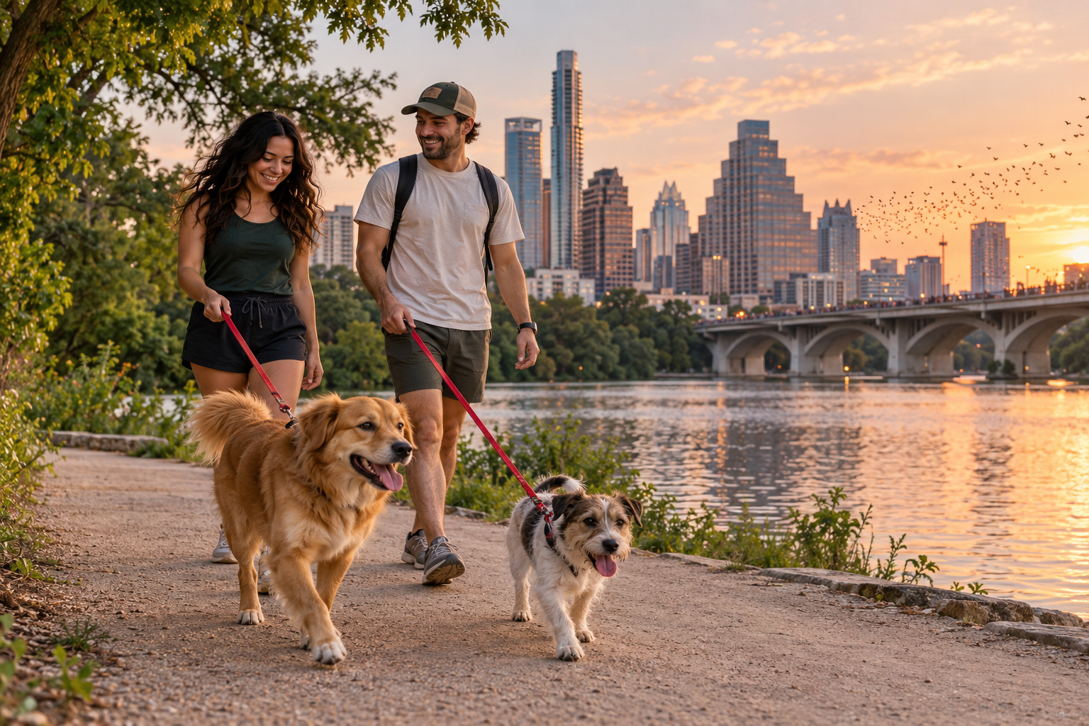 Illustrative scene of happy dogs and caregivers beside Lady Bird Lake, with an Austin-inspired skyline, bridge, and bats at sunset
