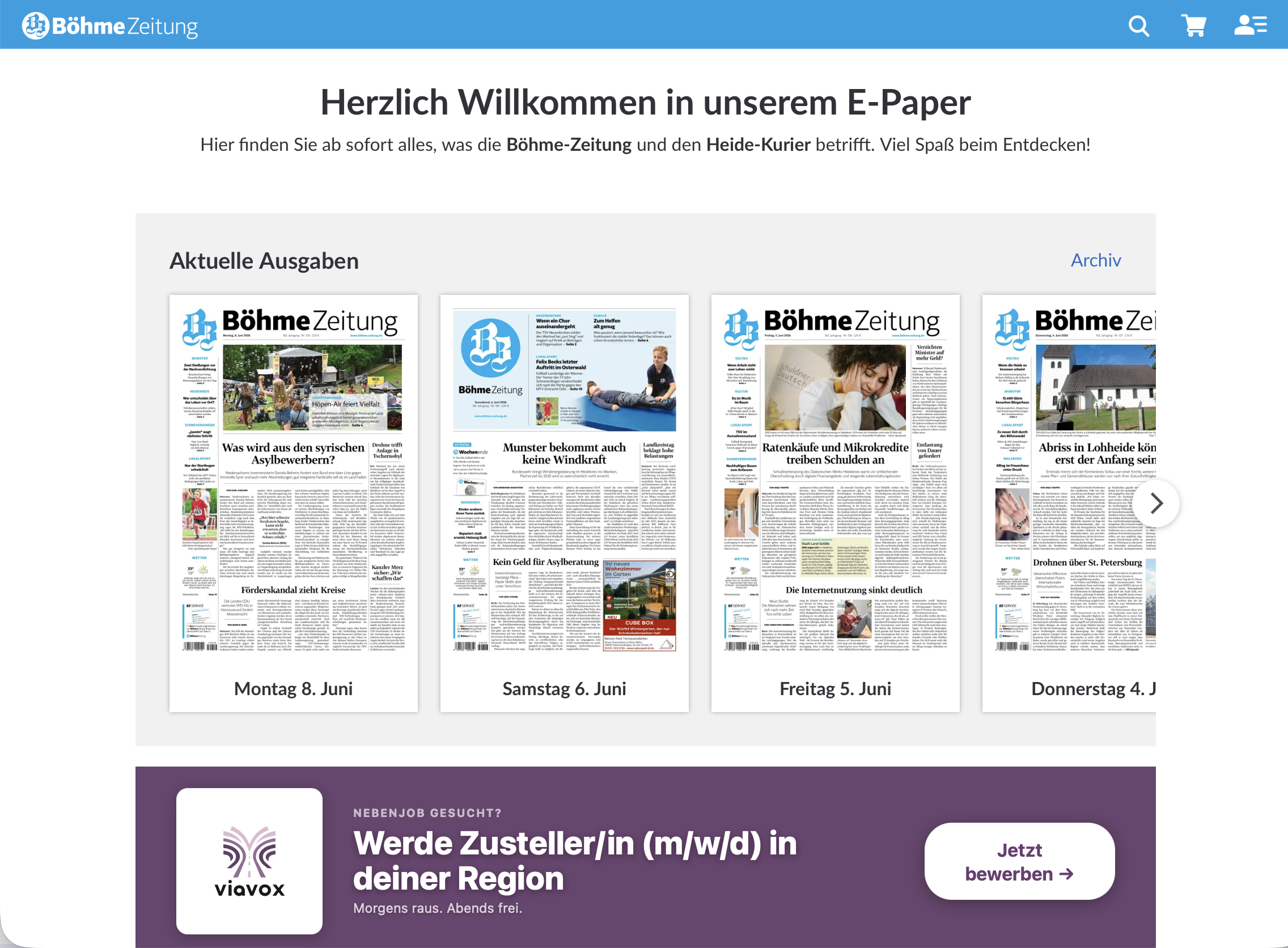 E-Paper-Startseite mit Bannerwerbung – Beispielplatzierung