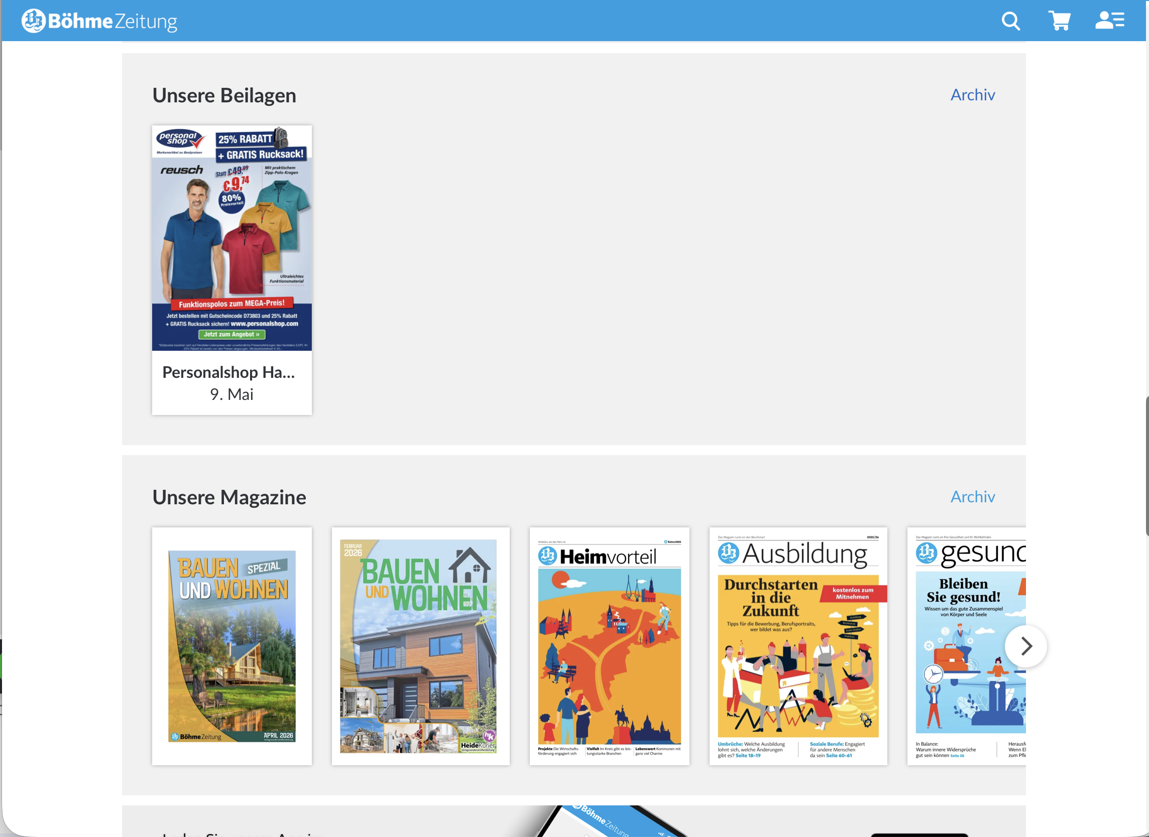 E-Paper-Startseite mit Rubrik „Unsere Beilagen