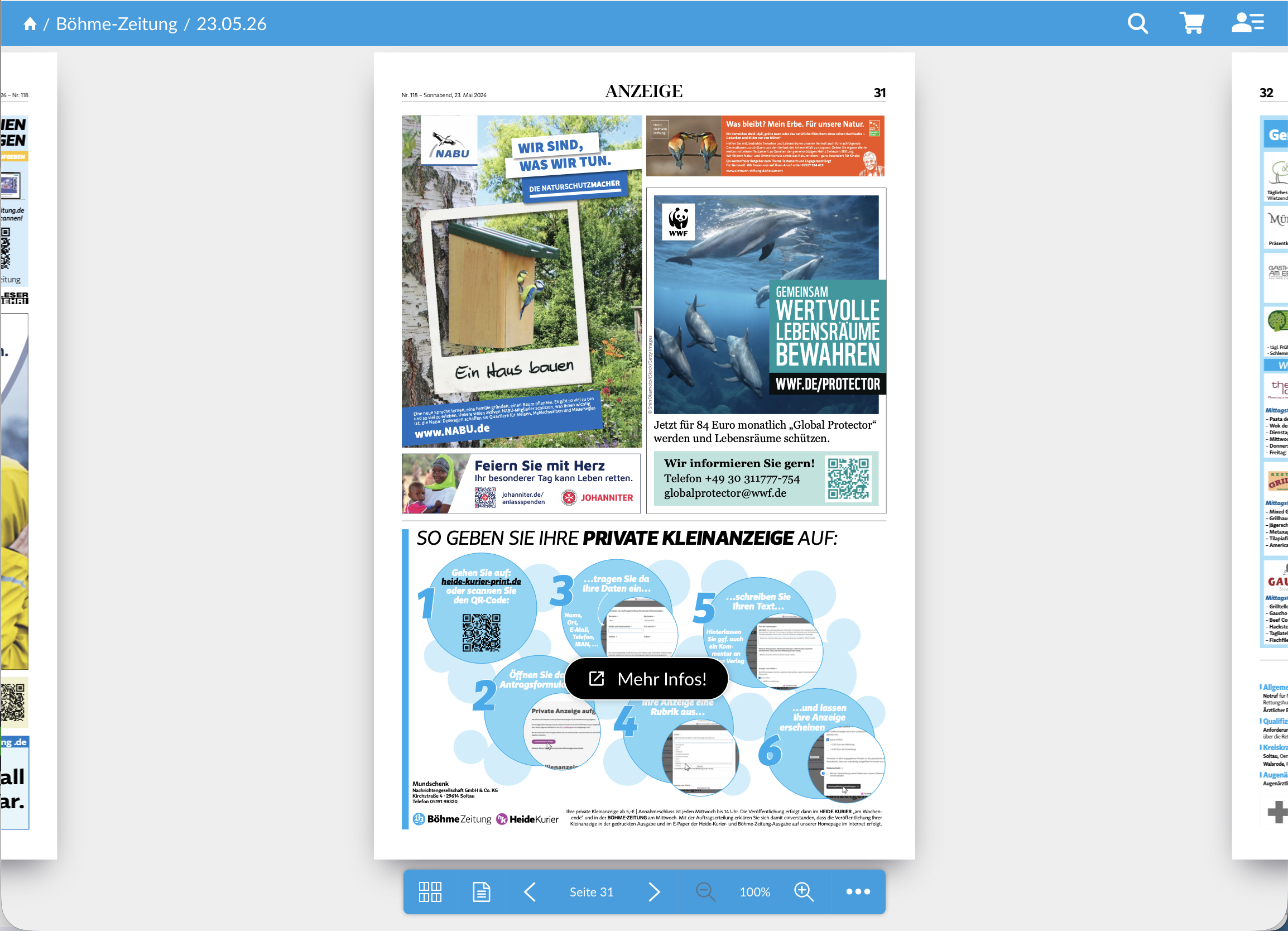 Klickbare Anzeige im E-Paper mit Button „Mehr Infos!