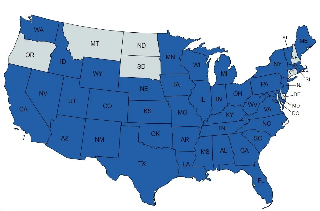 Map of the continental United States with the 41 states plus DC that Tables 4 Games has shipped to shaded in navy, and the 7 remaining states in grey