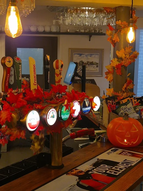 The bar dressed for Halloween