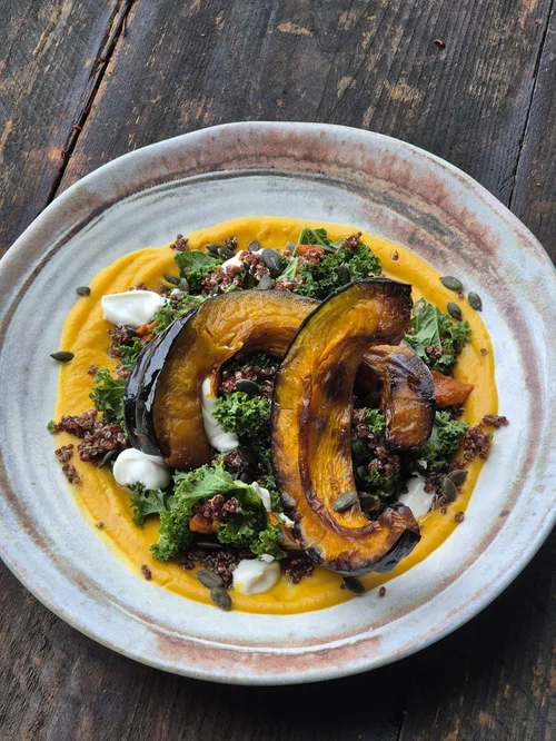 Roasted squash with greens