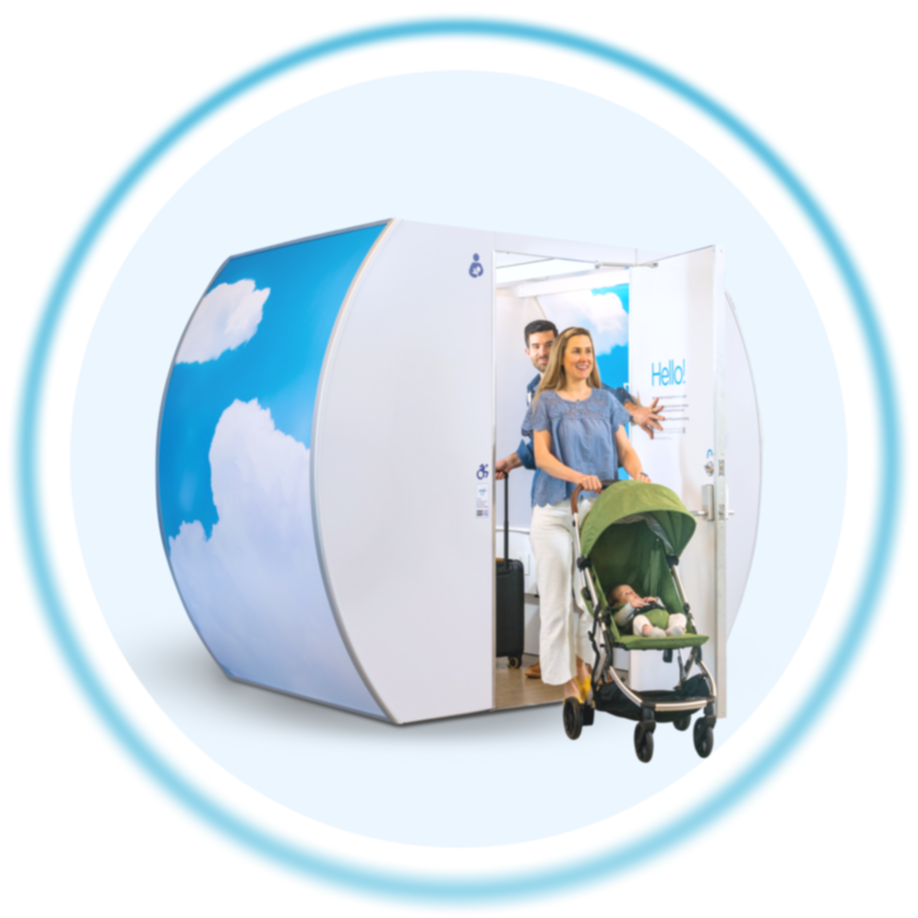 Family with stroller and suitcase exiting a Mamava XL Lactation Pods