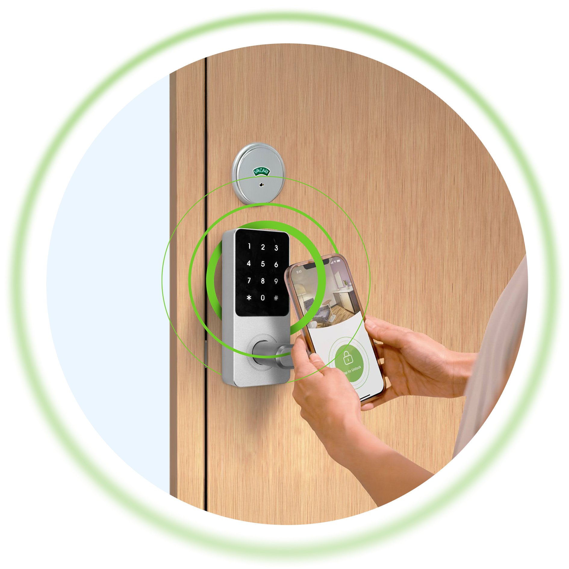 Mom's hand holding up phone to a Mamava VaRoom Smart Lock to open lactation room door with Mamava app