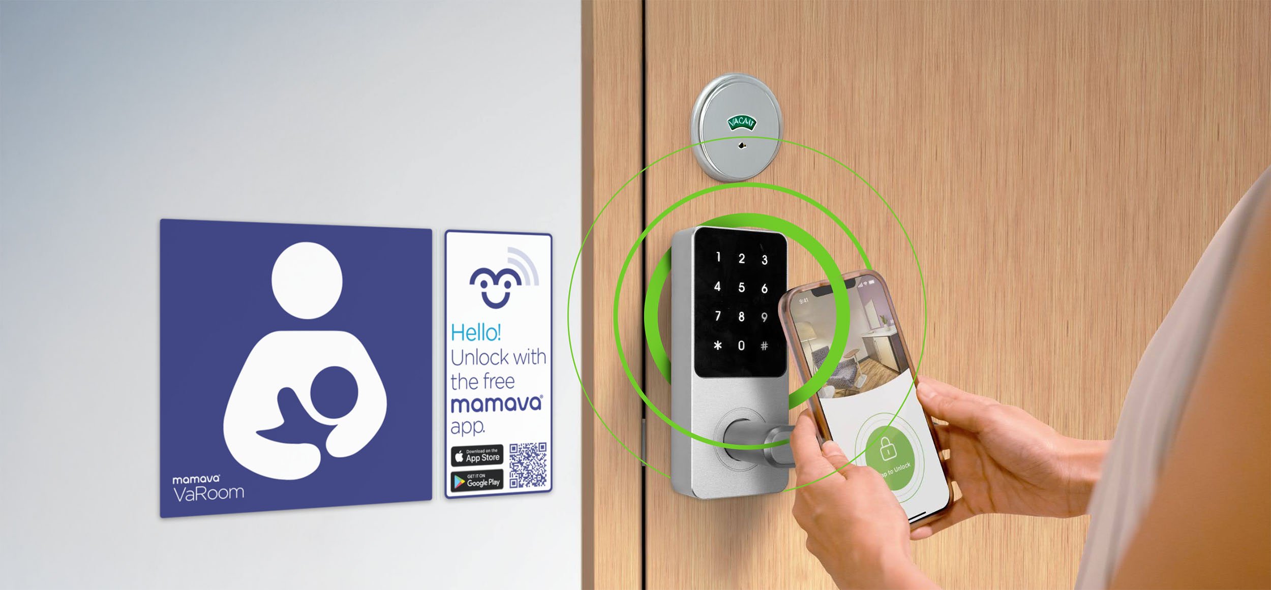 Breastfeeding mom using the mamava app to open a mamava VaRoom Lactation Room