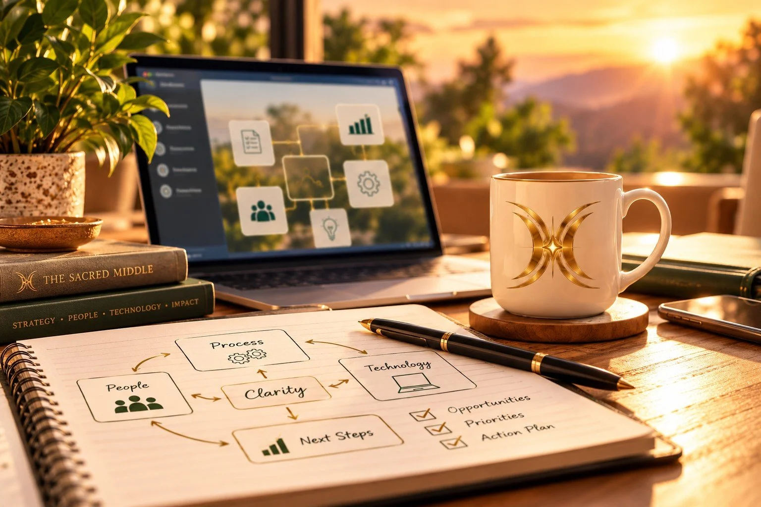 A sunlit desk at golden hour with an open notebook mapping People, Process, Technology, Clarity and Next Steps, beside a laptop and a cream mug bearing the gold Sacred Middle emblem