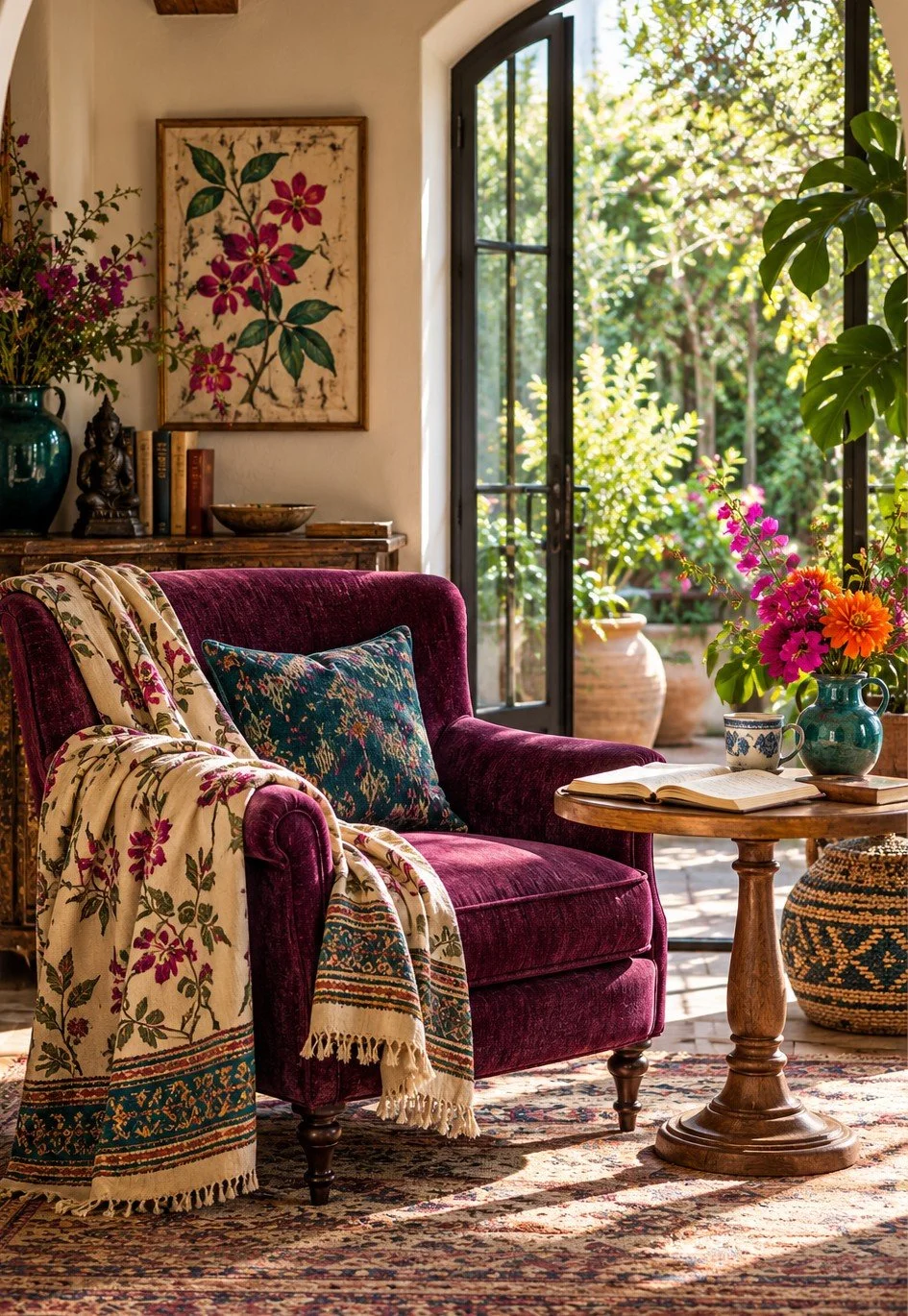 A plum velvet armchair draped with a floral textile beside a small table with an open journal, a teacup and bright flowers, with garden doors open to sunlight.