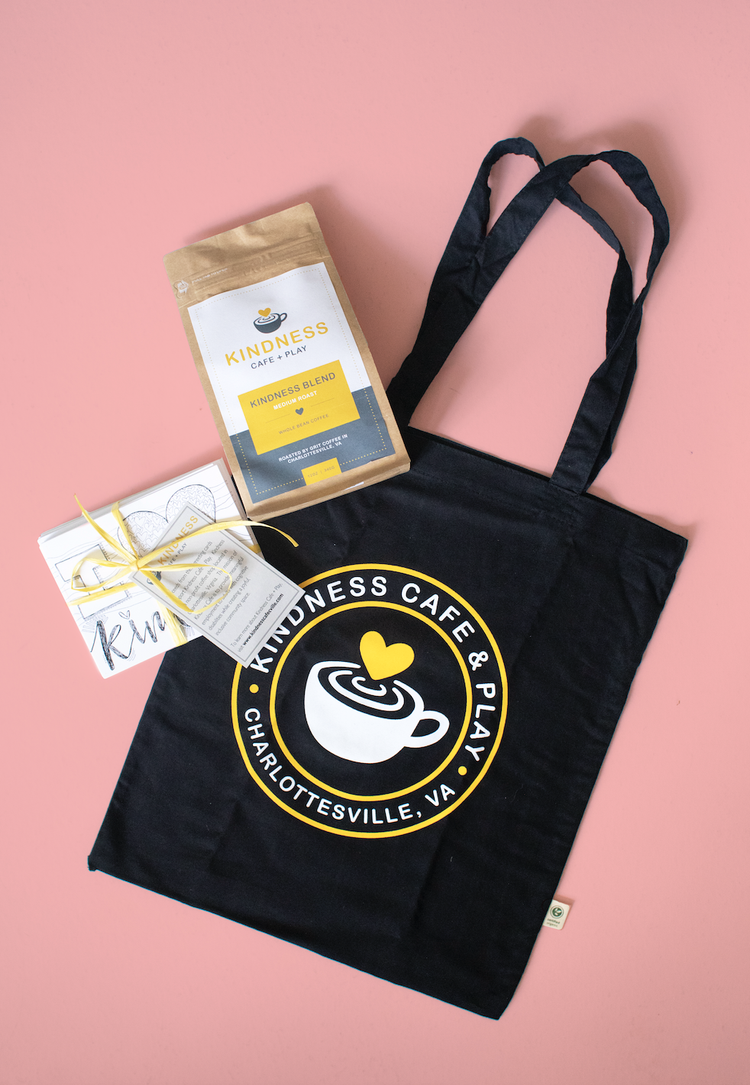 Kindness tote bag, coffee, and note cards