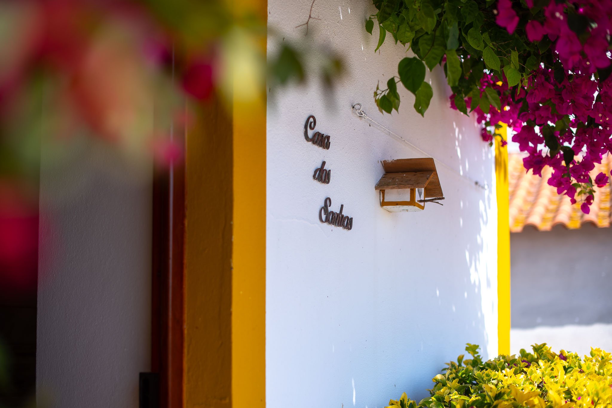 Casa dos Sonhos sign and birdhouse by the front door