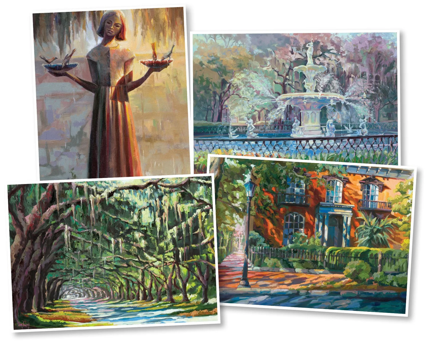Postcards from Savannah notecard sets featuring Luba Lowry paintings of the Bird Girl, Forsyth Park Fountain, Wormsloe oaks and the Mercer-Williams House