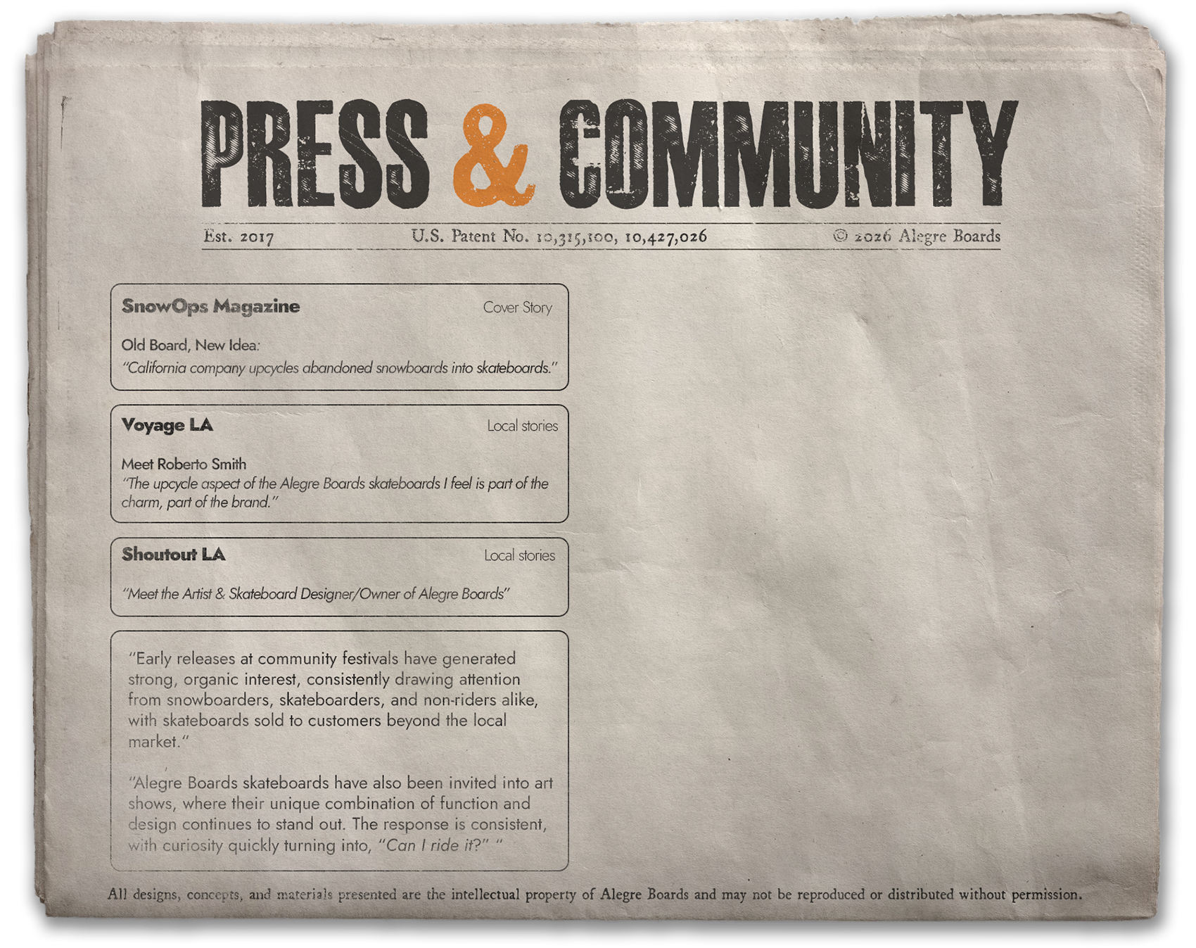 Alegre Boards Press and Community