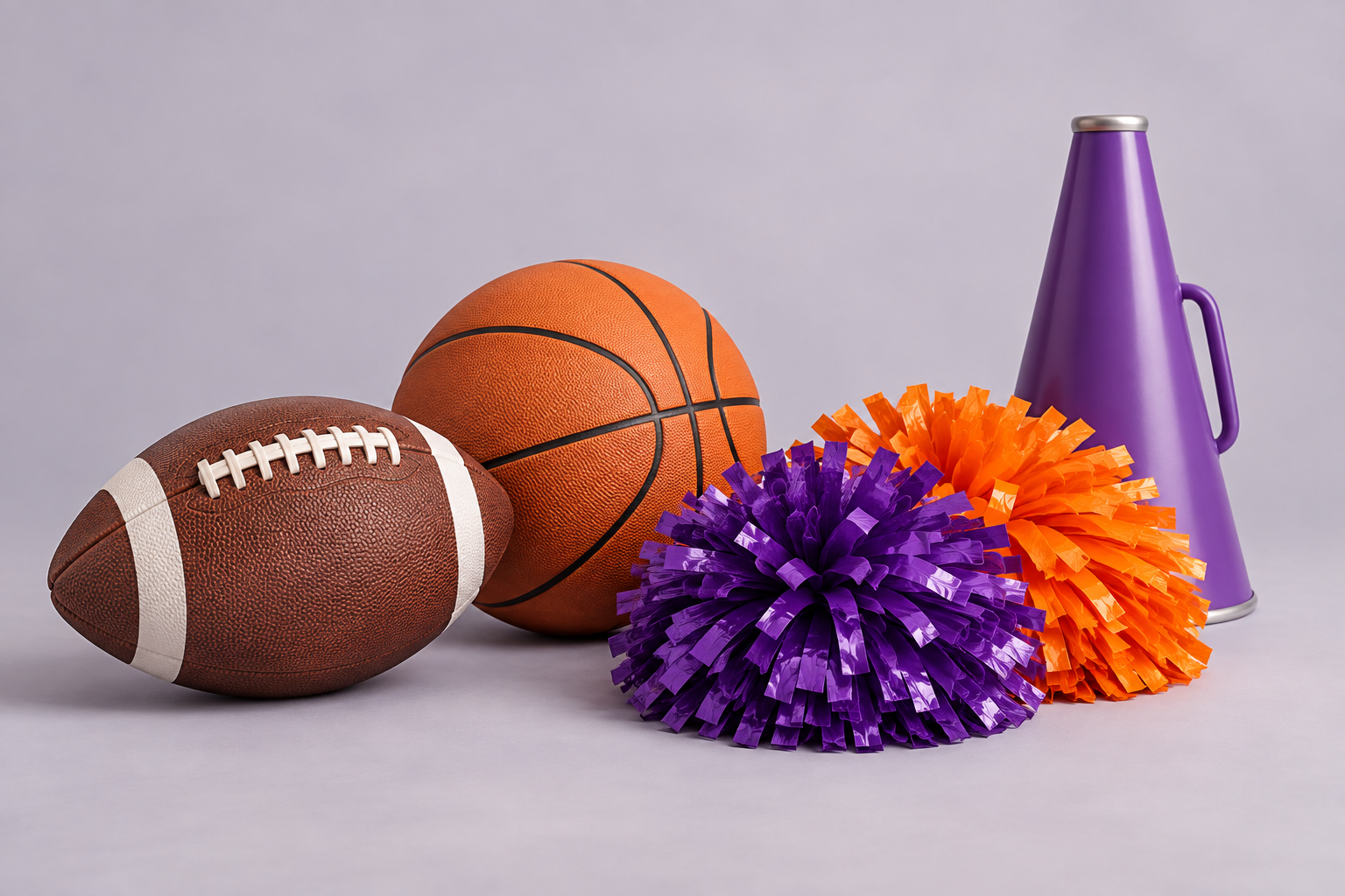 A football, basketball, purple and orange pom-poms, and a cheerleader megaphone