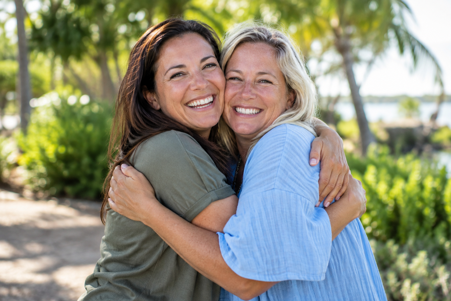 Illustrative photo of two women hugging with big smiles