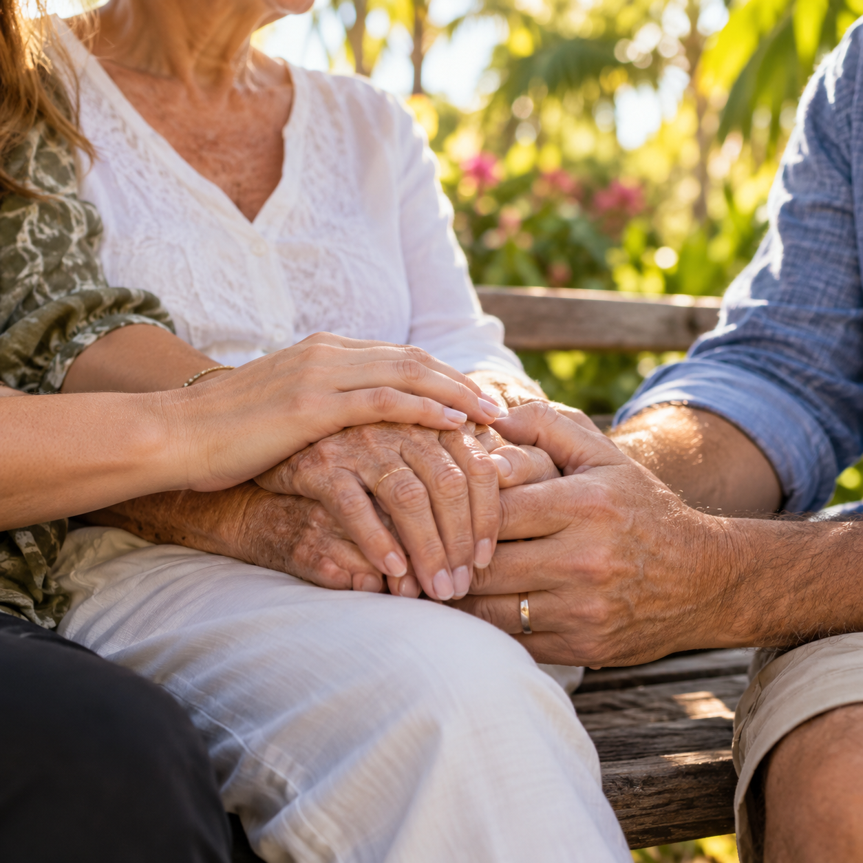 Illustrative image of family members holding hands in warm sunlight