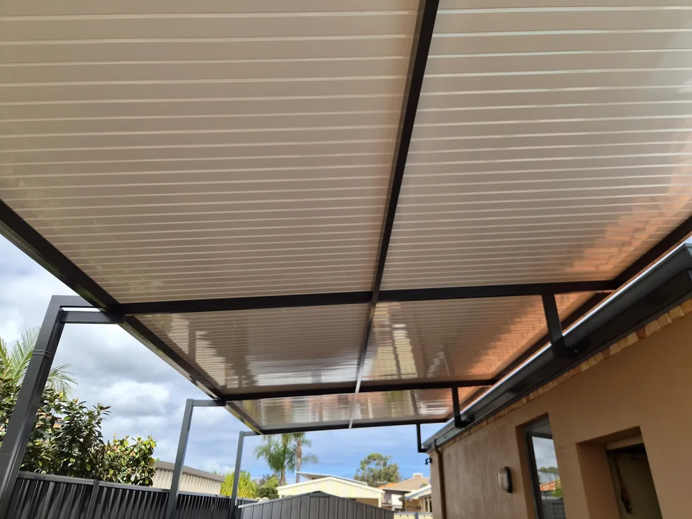Underside of a flyover patio with insulated roof panels