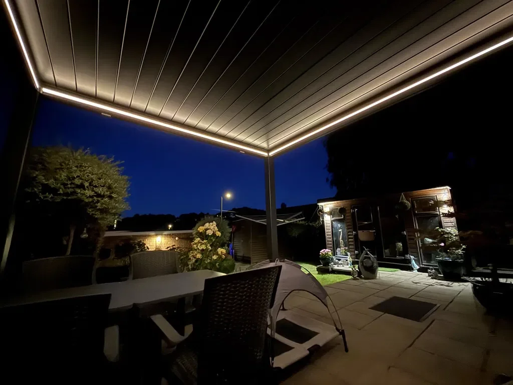 Louver pergola with LED lighting at night