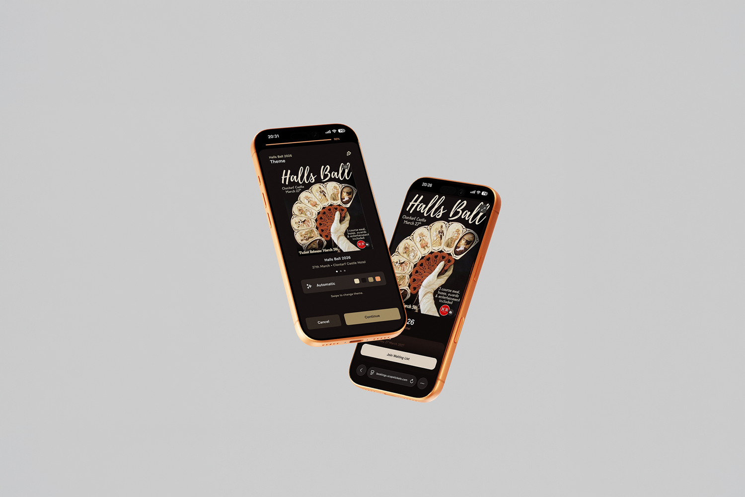 Two phones showing a Halls Ball event on sale on Scope