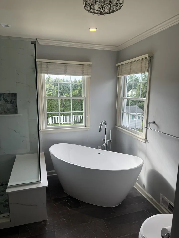 American Standard freestanding tub between two windows – Hatfield, PA primary bathroom remodel