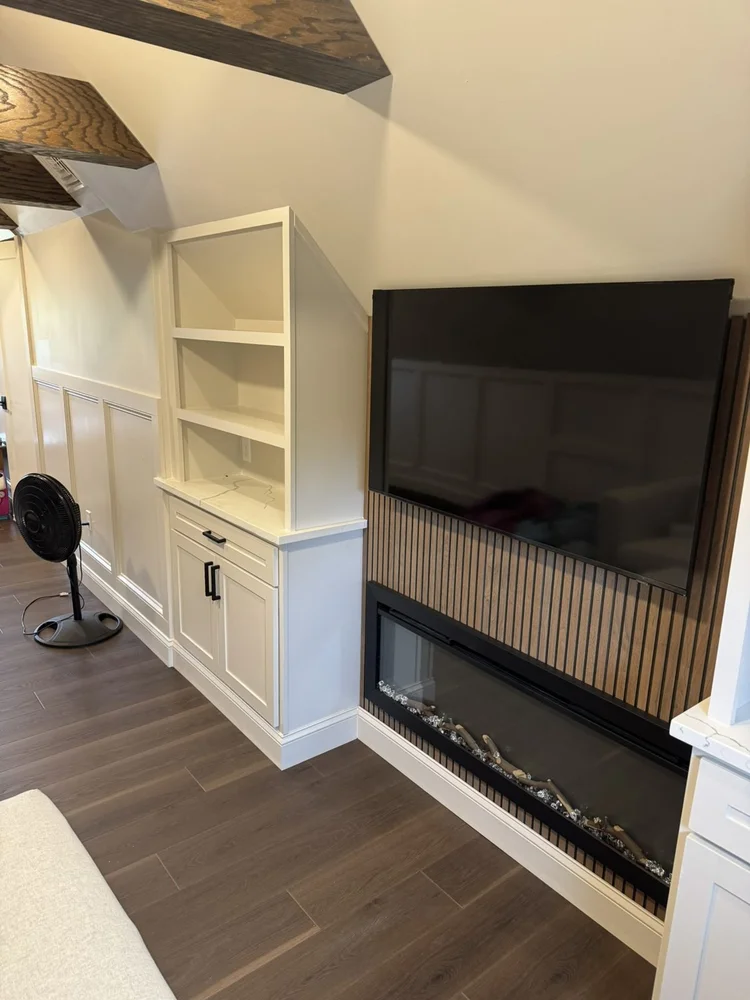 Custom cabinet with soft-close doors, drawer and shelving – Hilltown, PA attic playroom