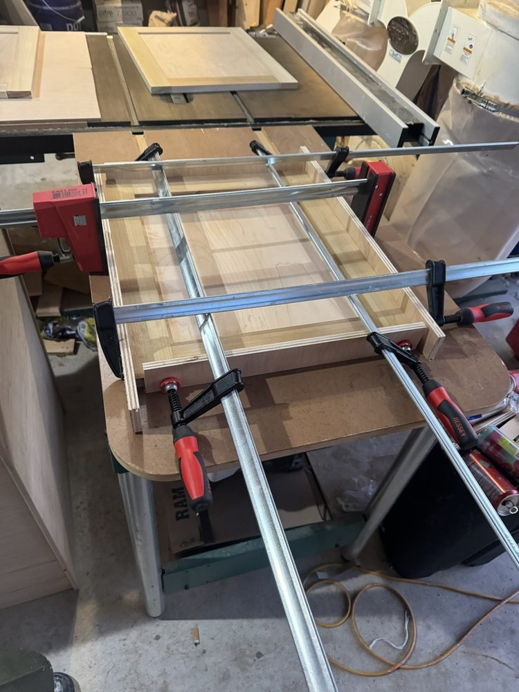 Gluing up cabinet parts – Hilltown, PA attic playroom