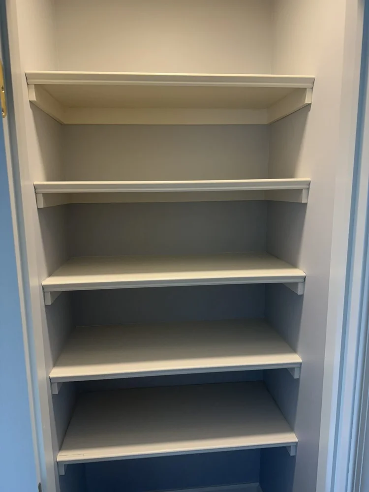New closet with custom built-in shelves – Hatfield, PA primary bathroom remodel