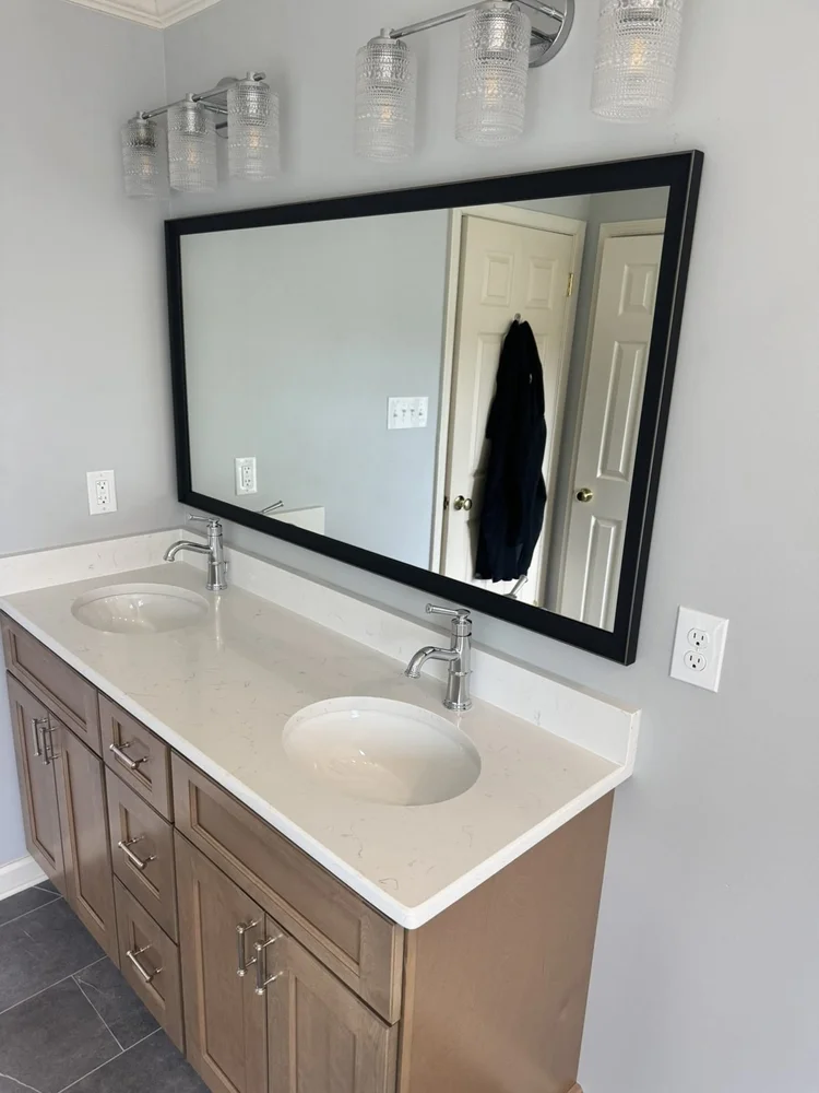 Custom double sink vanity with quartz top – Hatfield, PA primary bathroom remodel