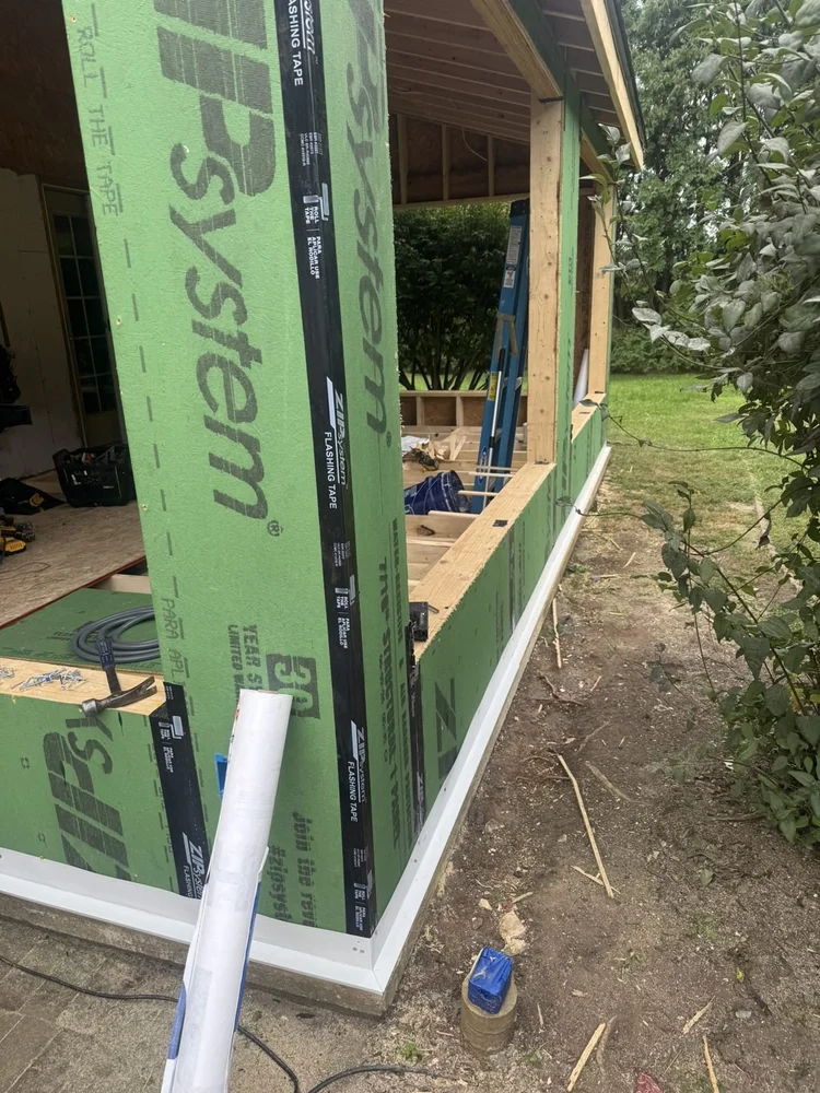 New 2x6 walls with taped ZIP System sheathing – Lower Macungie, PA four season room