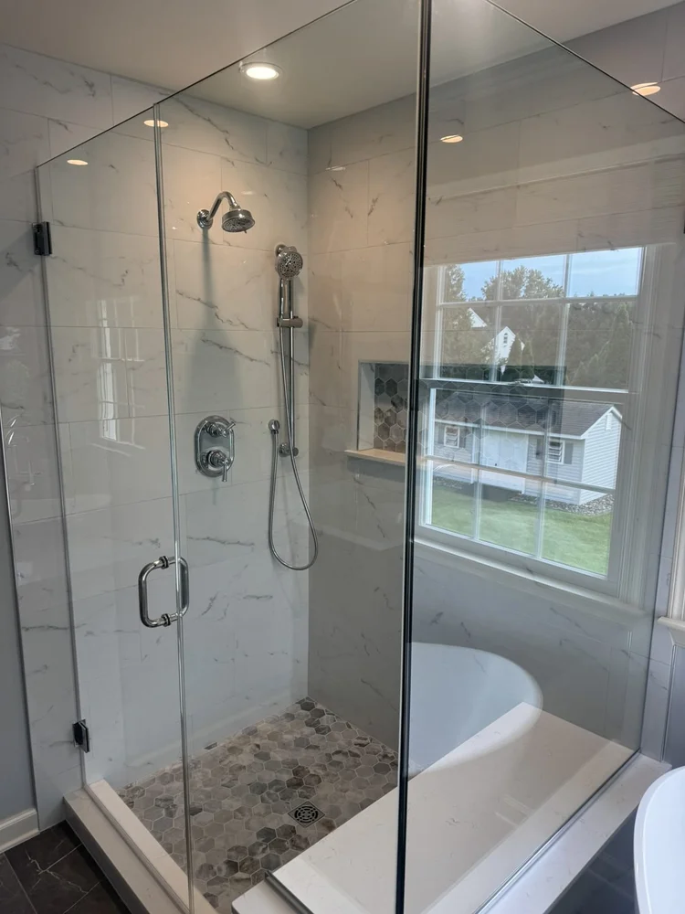 Signature Hardware shower system with handheld – Hatfield, PA primary bathroom remodel