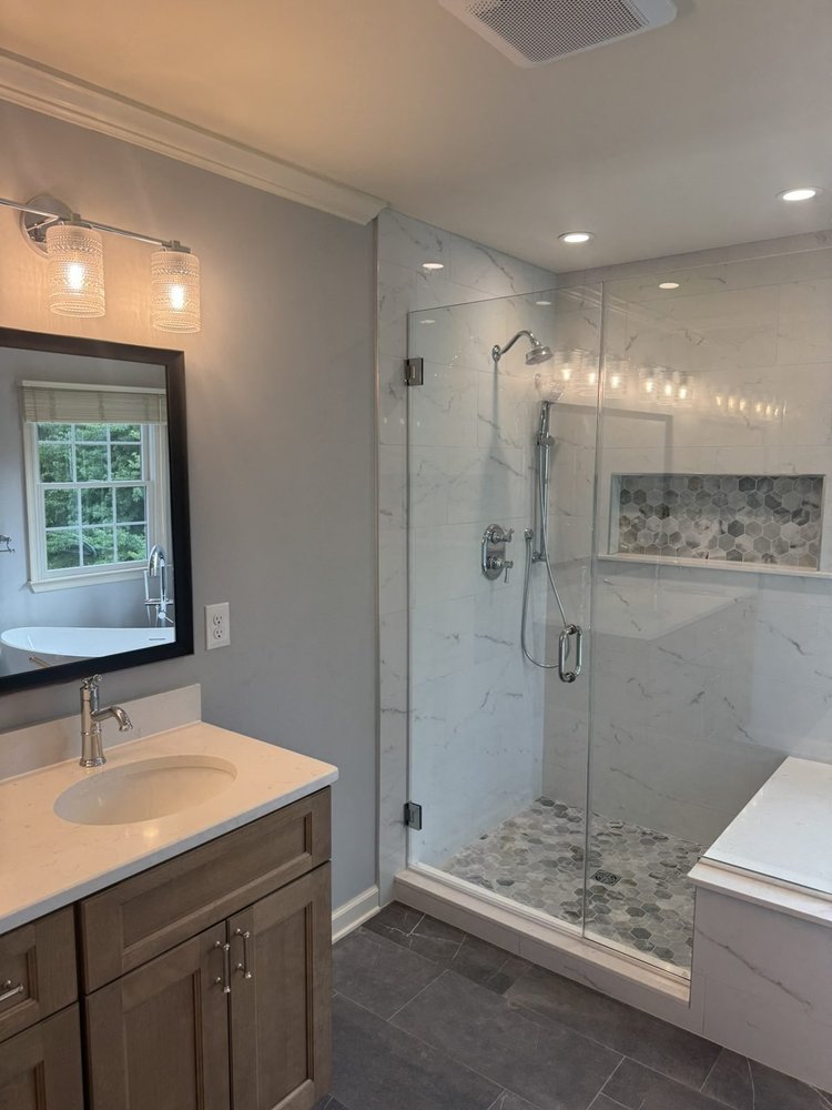 Vanity and walk-in shower with exhaust fan – Hatfield, PA primary bathroom remodel