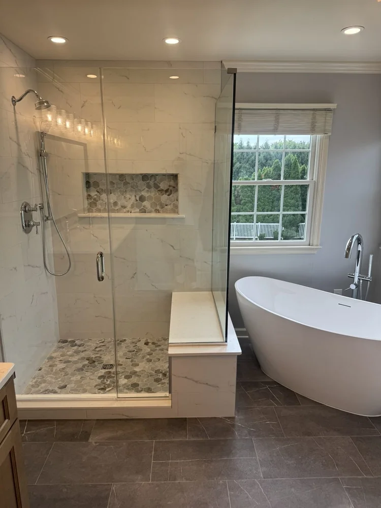 Shower and freestanding tub with recessed lighting – Hatfield, PA primary bathroom remodel