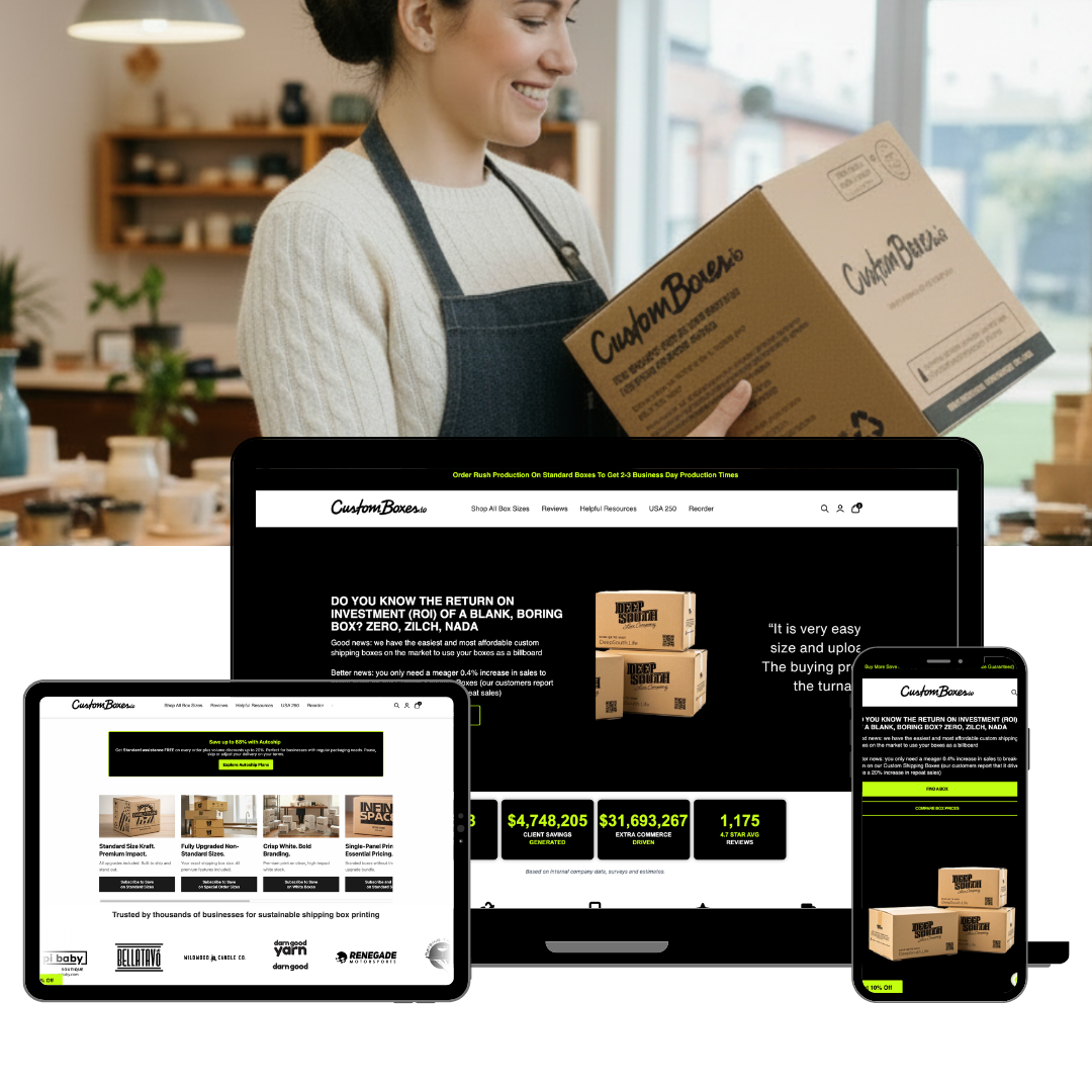 CustomBoxes.io website displayed across desktop, tablet, and mobile devices