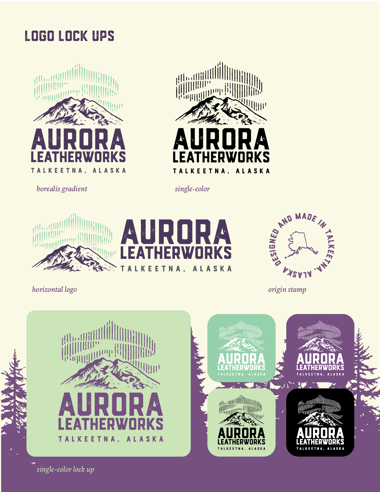 Aurora Leatherworks brand guide showing secondary graphics and identity applications