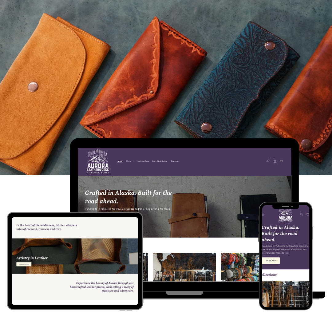Aurora Leatherworks ecommerce website shown across desktop and mobile devices
