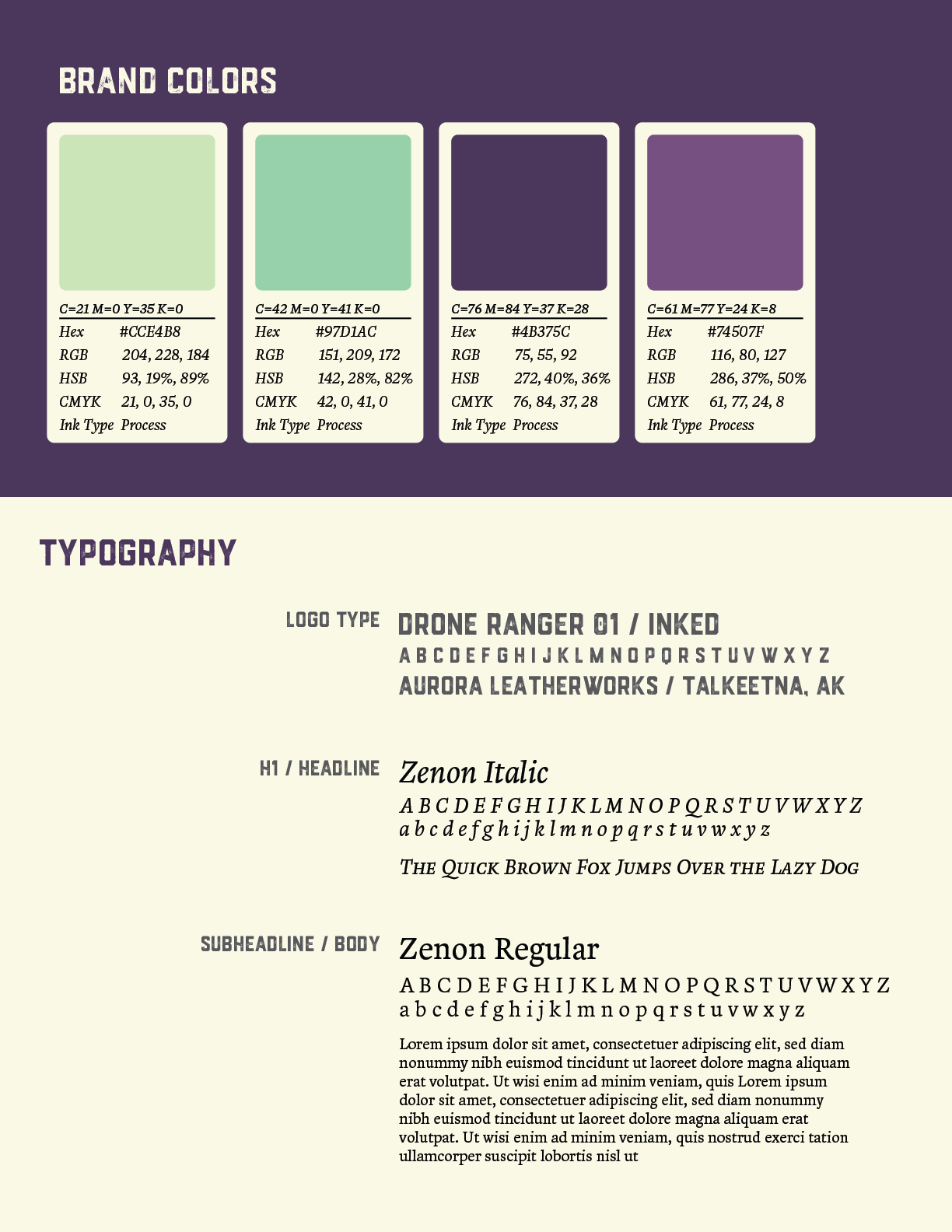 Aurora Leatherworks brand guide showing typography, palette, and graphic elements