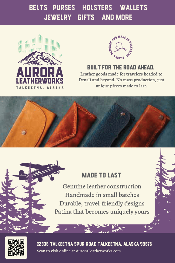 Front of Aurora Leatherworks printed rack card