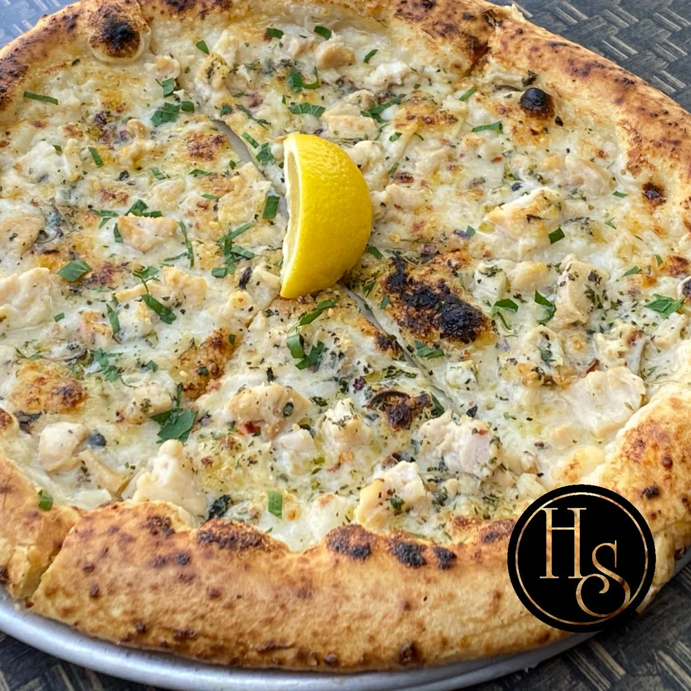 Chopped clams pizza from the brick oven