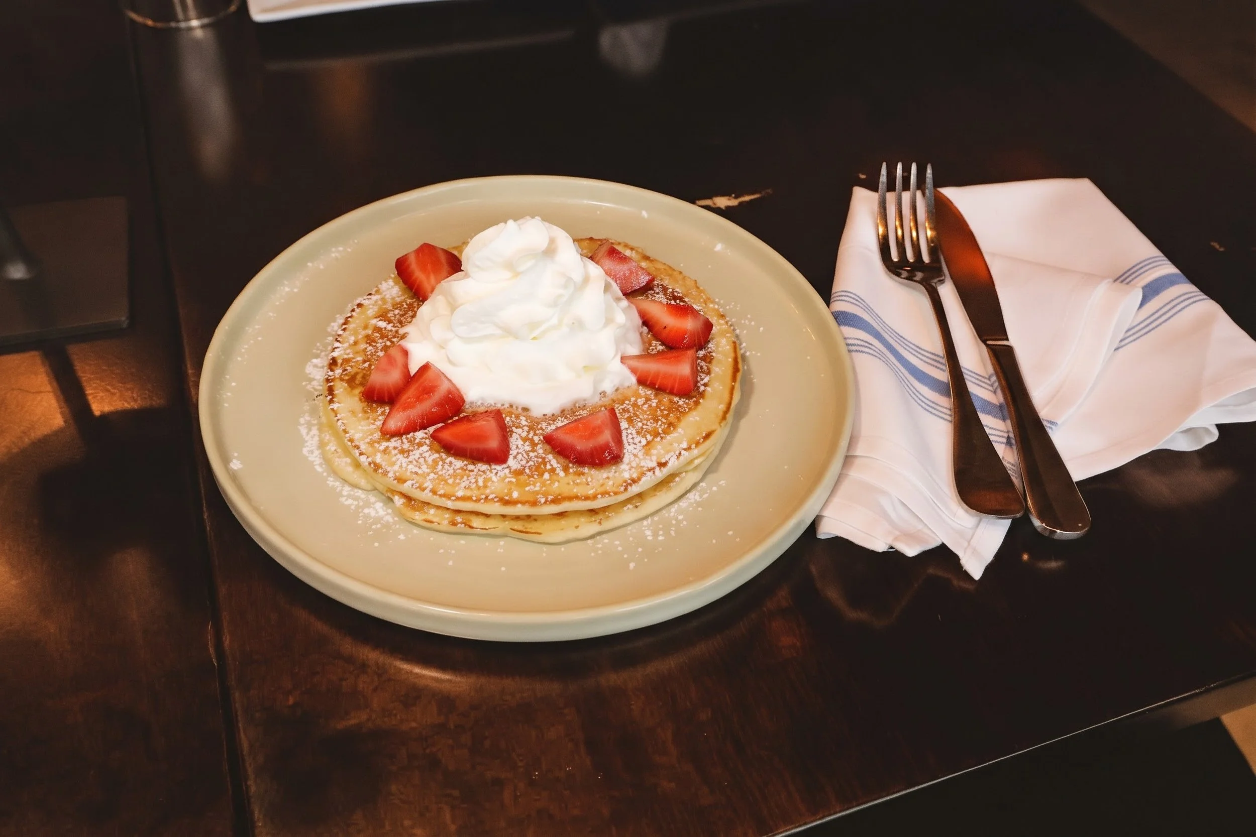 Pancakes with strawberries and whipped cream