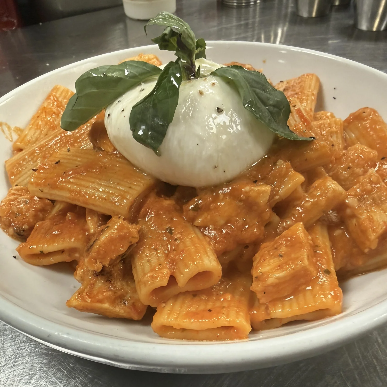 Spicy rigatoni with burrata at Hudson Social