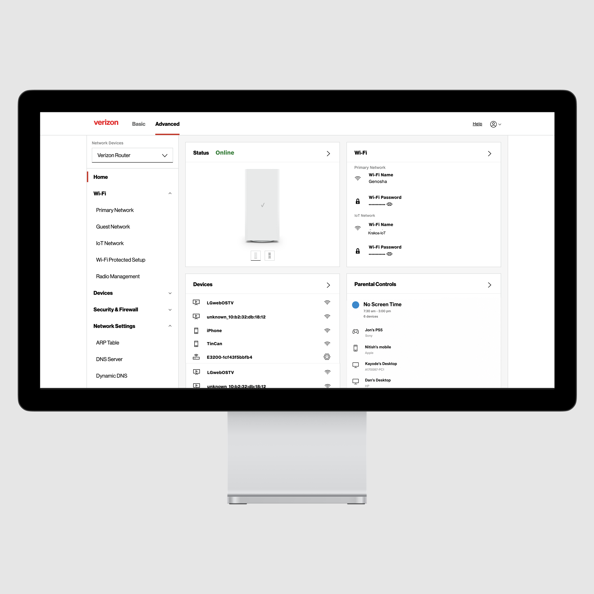 Verizon Smart Home app on a desktop monitor